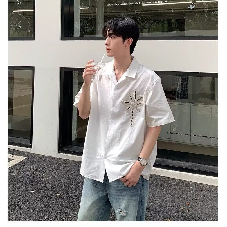 【现货】D22541-批45韩版椰树刺绣短袖衬衣度假风宽松短袖衬衫,男装T恤,星座603-2