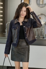 别致独特牛仔拼皮短外套女秋季2024新款通勤百搭可盐可甜短款上衣，女装牛仔外套，江南女神
