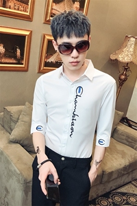 2021新款男时尚休闲绣花衬衫修身七分袖夜店发型师社会风D455图片