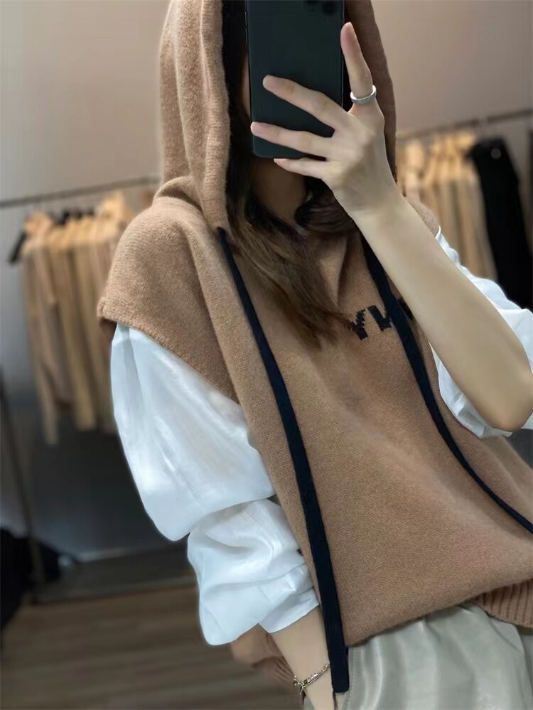 新款连帽抽绳无袖针织衫女马甲背心外穿纯色内搭毛衣图片