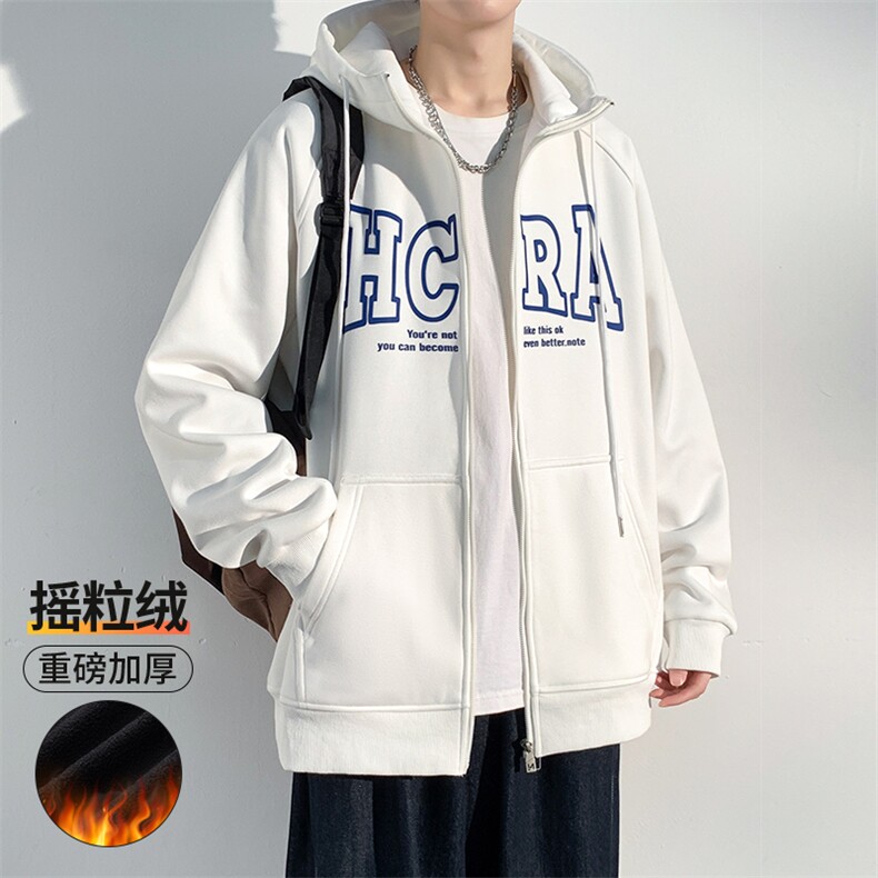 2023冬季新款港风加绒加厚撞色字母印花开衫连帽卫衣23136-P58,男装卫衣,星座914-3