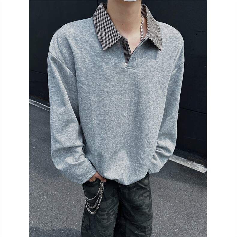 模特千鸟格翻领polo衫老钱风卫衣外套W988/特P28灰色8,男装Polo衫,电商A094
