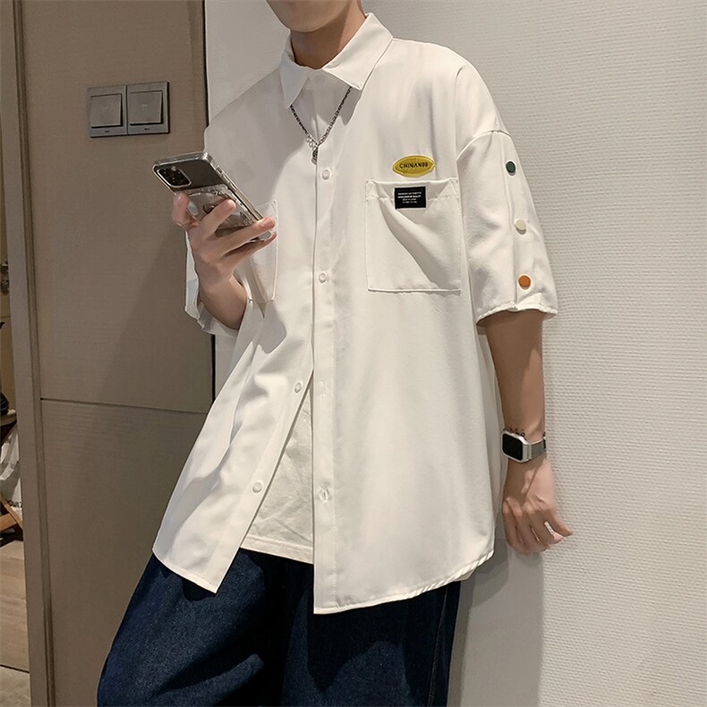 小众衬衫男短袖夏季薄款冰丝白衬衣休闲宽松七分袖外套 W1131-P28图片