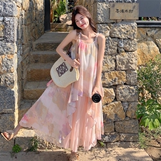 粉色法式旅游度假超仙吊带裙女2025夏季新款印花假两件初恋连衣裙，女装连衣裙，2C177