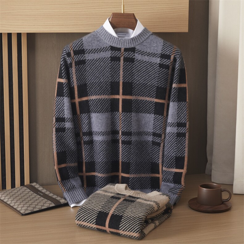 2024秋季新款长袖圆领拼色套头衫通勤百搭35%羊绒，男装羊绒套衫，绒誉暖羊绒