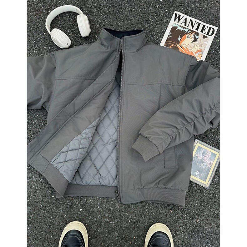 抖音得物美式潮休闲夹克春季立领纯色复古工装加厚棉服外套AMY01,男装夹克,电商A443