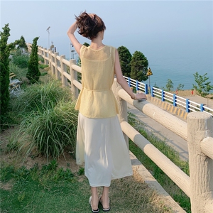 黄色针织镂空背心吊带连衣裙套装2025新款女夏季韩版高级感两件套图片
