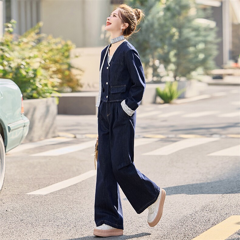 牛仔套装女2025春秋新款时髦气质韩系设计感气质炸街阔腿裤两件套,女装套装/套裙,E百度