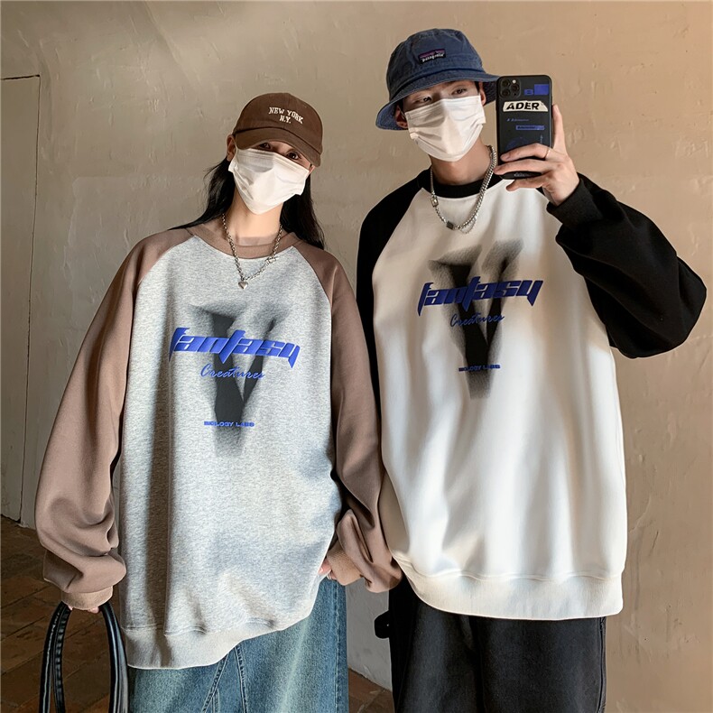 情侣装春装重磅印花拼接长袖情侣卫衣宽松套头外套男H811P58,男装卫衣,电商A341
