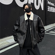 美式复古皮毛一体PU皮棉服男冬季加厚羊羔绒机车棉服皮外套p128，男装棉衣，电商C307