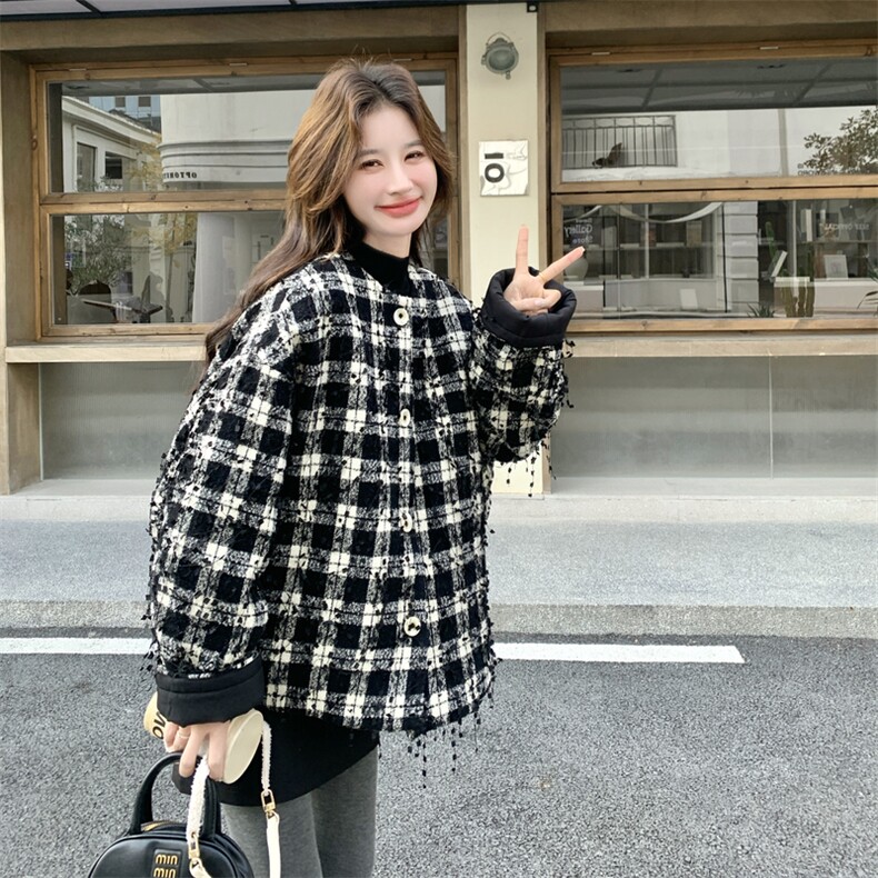 黑白格子粗花呢短款羽绒服女冬季超火好看高级小众白鸭绒加厚外套,女装羽绒服,2C323