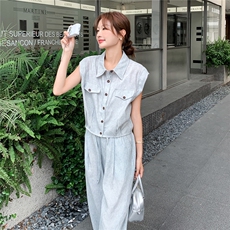 老钱风休闲马甲高腰阔腿裤套装女2025夏季新款韩版复古工装两件套，女装套装/套裙，2C203