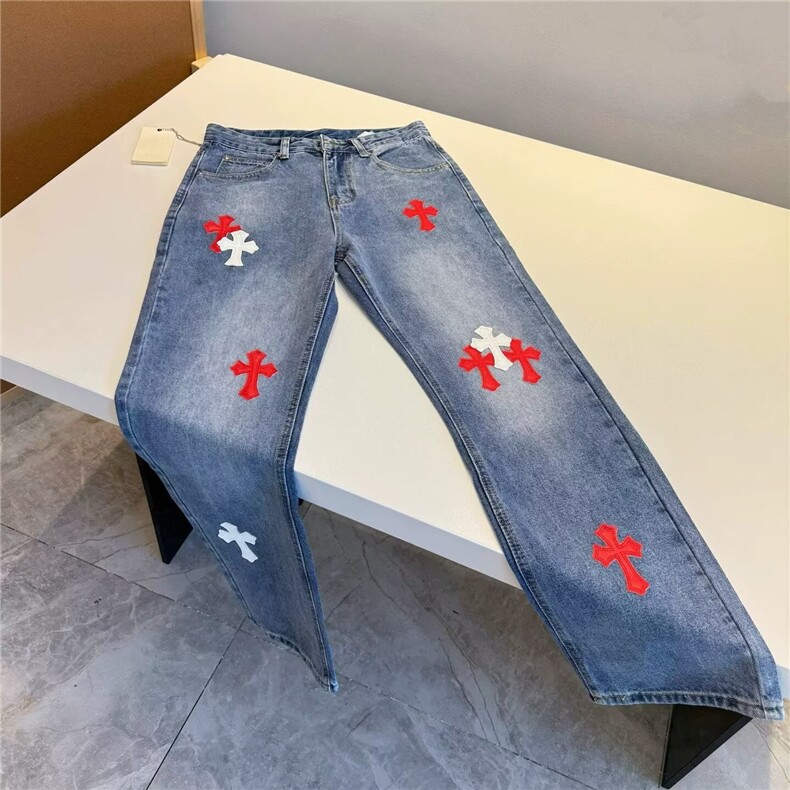 美式高街小众重工十字架贴布刺绣牛仔裤男装新款宽松阔腿长裤子,男装牛仔裤,星座410-7