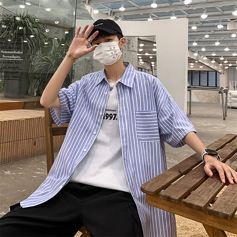 2021年春季新款条纹衬衫女宽松落肩港风衬衫男DS-C407-CS306-P35,男装衬衫,电商C323-1