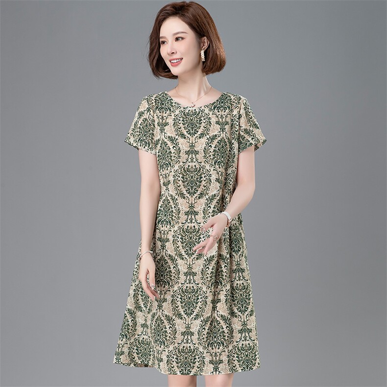碎花民族风棉绸连衣裙女夏时尚外穿中长款到膝宽松显瘦短袖人造棉,女装连衣裙,阿丹