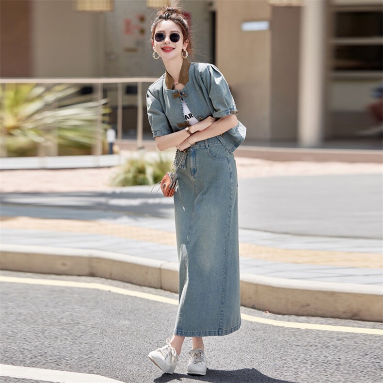 2024年夏款新中式短袖上衣外套+半身长裙套装牛仔时尚气质两件套,女装套装/套裙,瑶迪