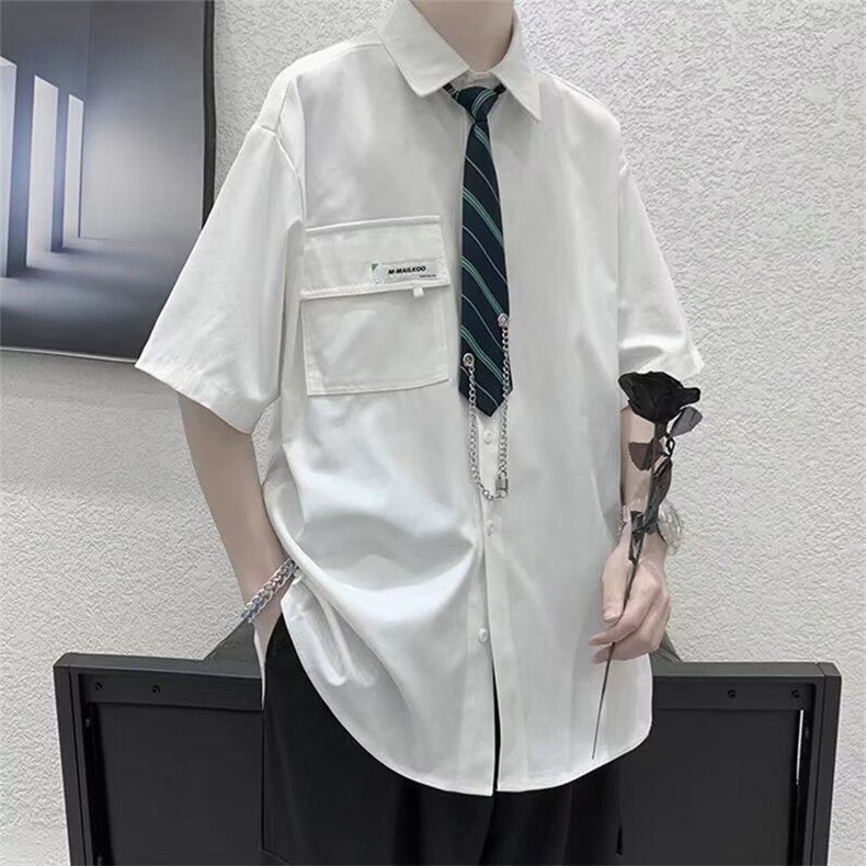 【现货】DC36-特P30送领带短袖白衬衫学院风潮衬衣 抖音得物现货图片