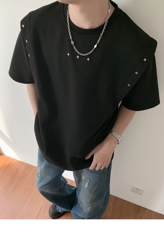 小众设计感垫肩短袖t恤男生夏季穿搭高级感bf圆领美式重磅半截袖,男装T恤,星座410-7