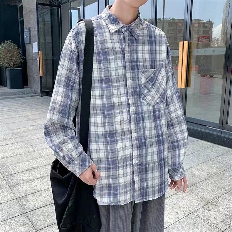 长袖衬衫男港风日系格子衬衫C0003P32,男装衬衫,星座1116-2