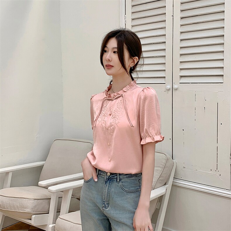 《48H发》夏装新品简约优雅刺绣复古花边短袖衬衫,女装衬衫,曼琳思菲