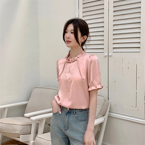 《48H发》夏装新品简约优雅刺绣复古花边短袖衬衫图片