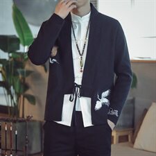 9053*咖啡厅中国风男士仙鹤绣花长袖开衫毛衣针织衫男酒红*P85，男装针织衫/毛衣，星座1516（原B303）
