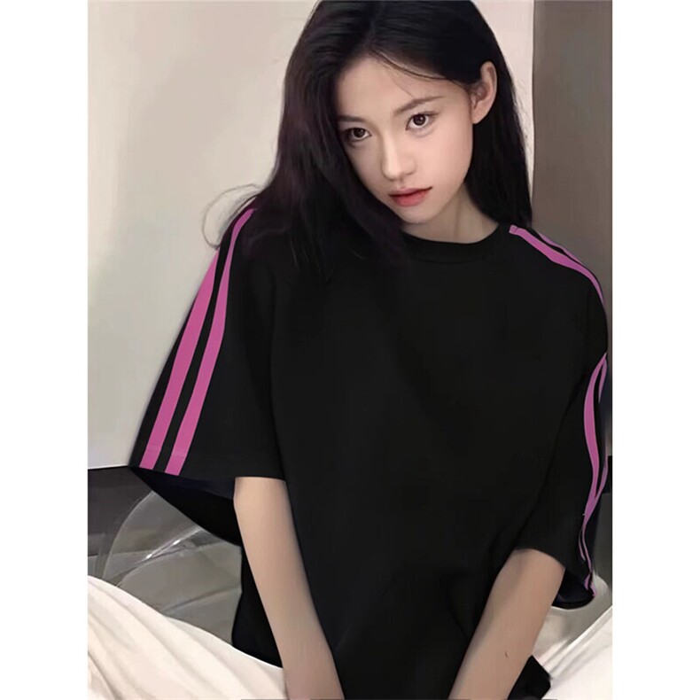 抖音得物品质二开240克宽松纯棉美式潮牌印花三条杠中性风短袖T恤图片