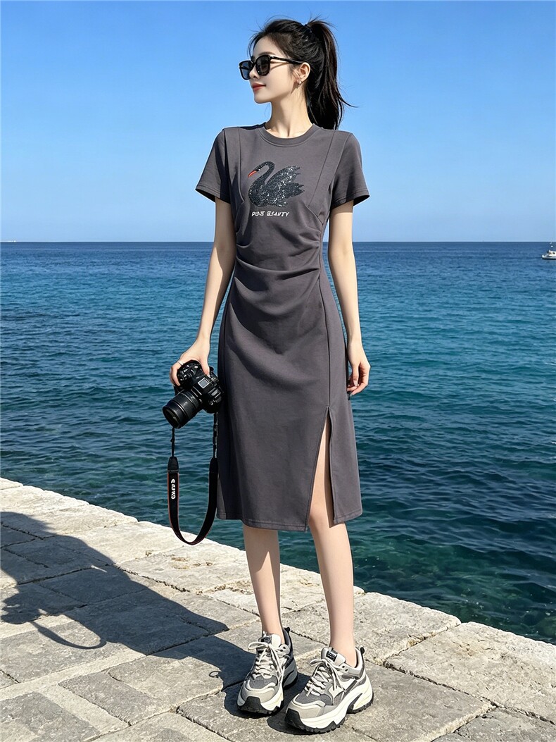 韩版时尚减龄连衣裙女夏款褶皱修身天鹅亮片开叉中长款灰色A字裙,女装连衣裙,江南