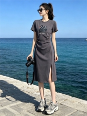 韩版时尚减龄连衣裙女夏款褶皱修身天鹅亮片开叉中长款灰色A字裙，女装连衣裙，江南
