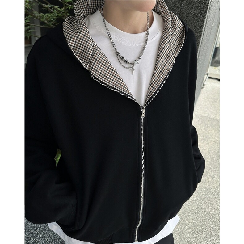 美式双面穿格子连帽外套男春季棒球服夹克上衣拉链卫衣WB384-P67图片
