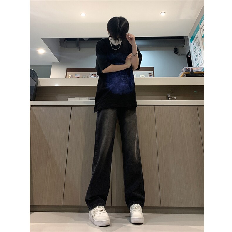 现货24春夏渐变复古蓝黑色宽松直筒阔腿牛仔裤男K5806-P50,男装牛仔裤,星座205