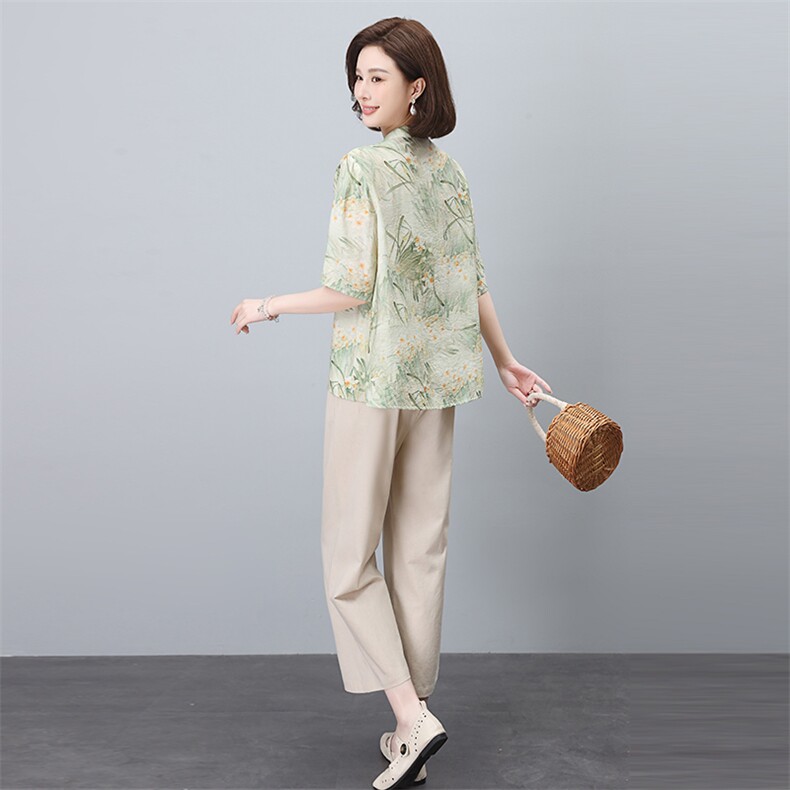 新中式国风棉麻套装女2025夏装新款时尚中年妈妈阔腿裤亚麻两件套,女装套装/套裙,依恋蒂丝