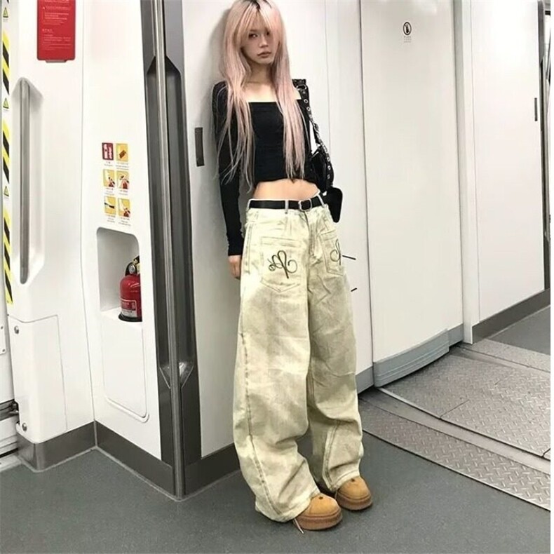 美式复古刺绣水洗牛仔裤女2025夏街头设计感脏染反穿宽松直筒裤子,男装牛仔裤,星座506A