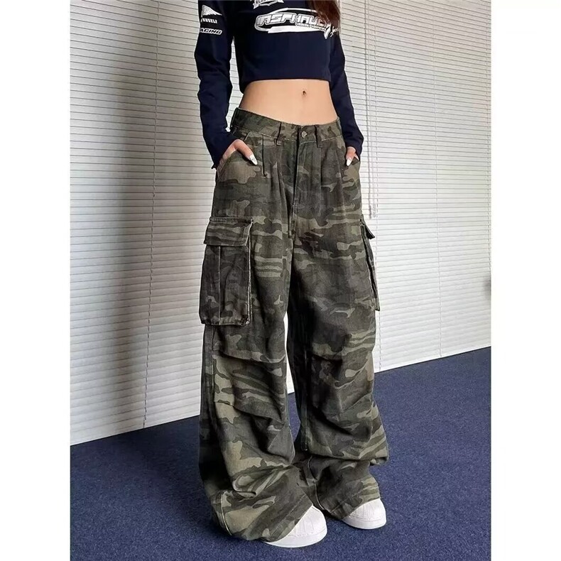 T09-P47美式复古褶皱多口袋迷彩工装牛仔裤女高街潮牌显瘦,男装牛仔裤,电商B323A