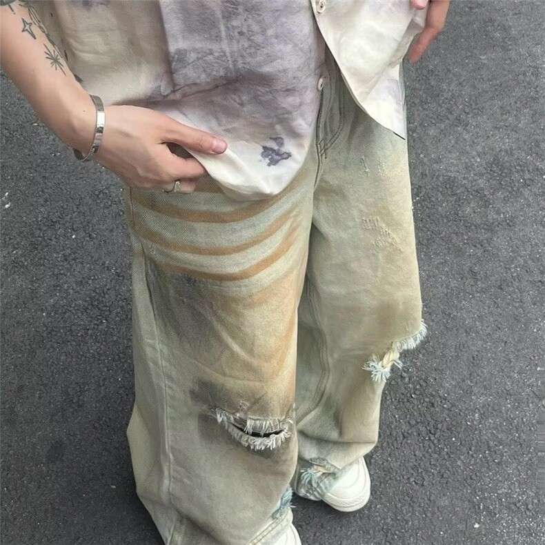 美式高街复古做旧水洗黄泥牛仔裤男女新款废土风破洞拖地长裤潮牌,男装牛仔裤,星座516A