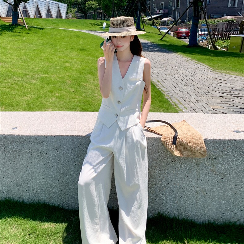 时尚洋所马甲套装女夏季新款职场风V领西装马夹外套阔腿裤两件套,女装套装/套裙,水衣源