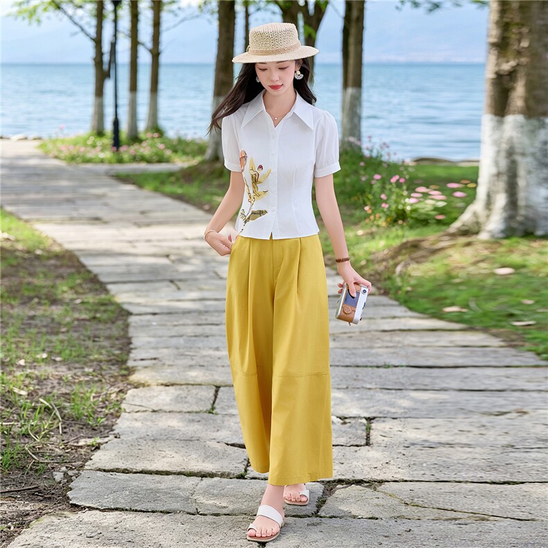 轻熟风时尚小翻领衬衫套装女2026夏气质印花上衣休闲裤两件套,女装套装/套裙,水衣源