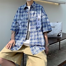 格子短袖衬衫男夏季日系复古宽松休闲五分袖衬衣美式高街潮牌外套，男装衬衫，星座410-7