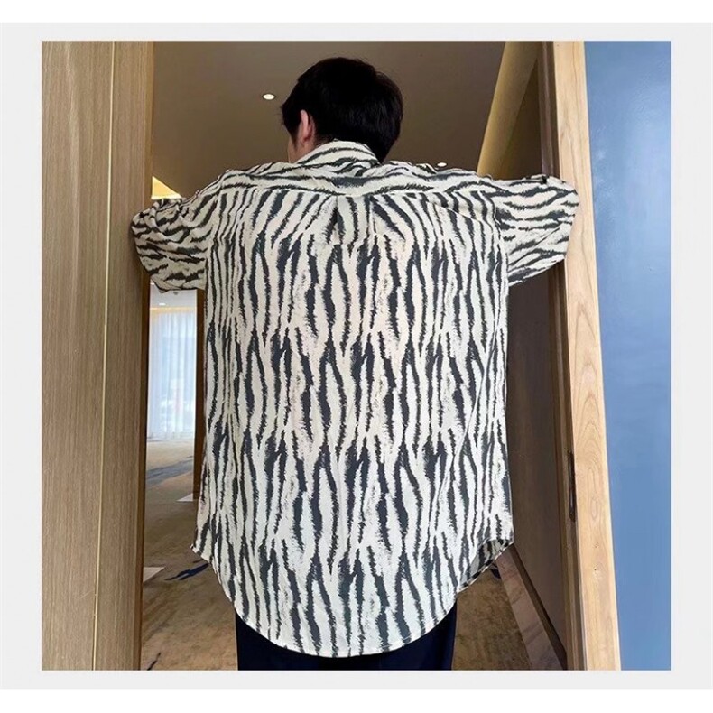 高级感情侣装夏季斑马纹长袖衬衫男韩版宽松痞帅翻领设计衬衣潮男,男装衬衫,星座506A