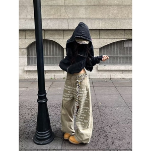 美式复古字母印花水洗做旧高街微喇牛仔裤男女直筒裤子图片