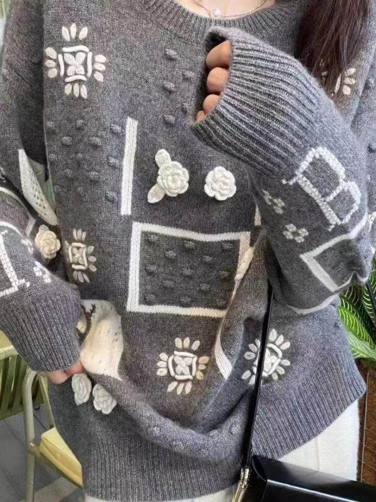 圆领新款针织女长袖套头上衣简约百搭宽松,针织衫/毛衣,大千羊绒