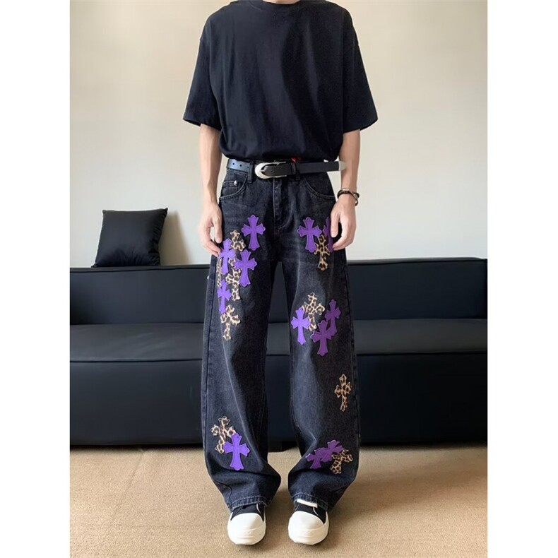 美式高街牛仔裤男女韩版潮十字架贴布2025夏秋ins长裤RK3013-P63,男装牛仔裤,星座412-2