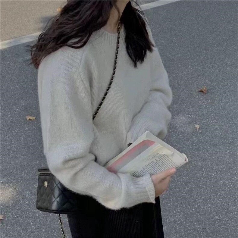 时尚百搭宽松加厚圆领针织衫女秋冬马鞍肩毛衣羊毛衫打底衫,女装羊毛衫,圣旺供货