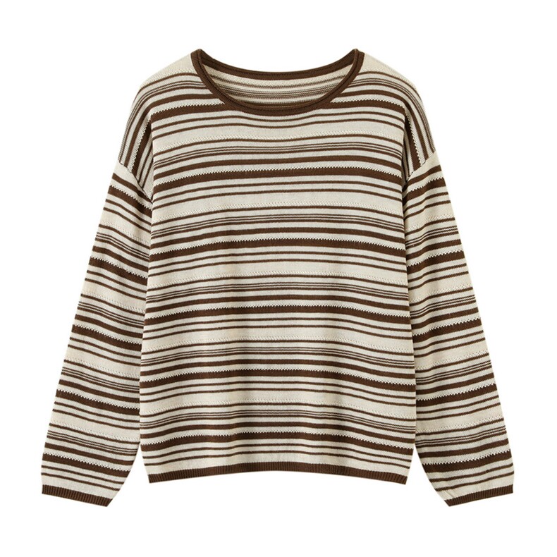 2025年秋季新款丝毛咖米条纹针织圆领上衣时尚休闲通勤百搭，女装针织衫/毛衣，朝思羊绒