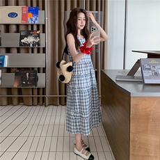 复古格子无袖背心连衣裙女夏2025新款韩系法式超好看独特别致长裙，女装连衣裙，2C135