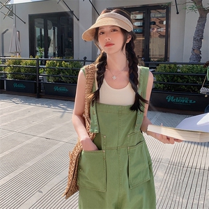 小个子黄色背带裤女2024夏新款桔梗宽松休闲大口袋设计工装直筒裤图片