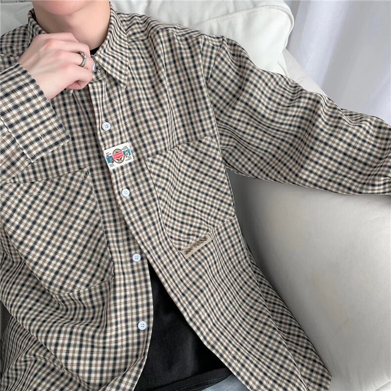 青少年男装春季百搭大口袋长袖衬衫男秋季寸衫格子衬衣潮C186/P28,男装衬衫,星座506