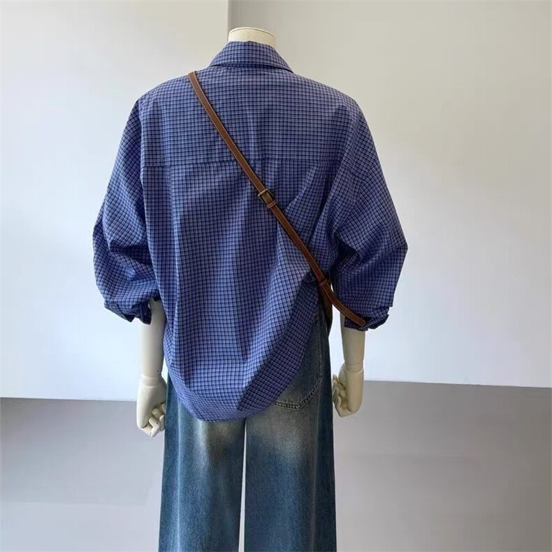 2025新款美式舒适慵懒蓝色格子长袖衬衫女气质上衣早秋季宽松,男装衬衫,星座1210-1