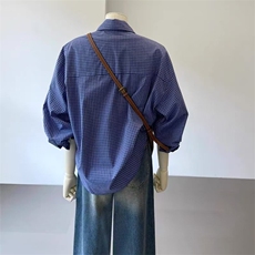 2025新款美式舒适慵懒蓝色格子长袖衬衫女气质上衣早秋季宽松，男装衬衫，星座1210-1