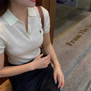 经典POLO领保罗刺绣精纺羊毛短袖女宽松显瘦扭花短款针织T恤简约,灰色短款t恤搭配白色图片
